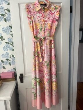 Floral Pink Sleeveless Midi Dress with Belt